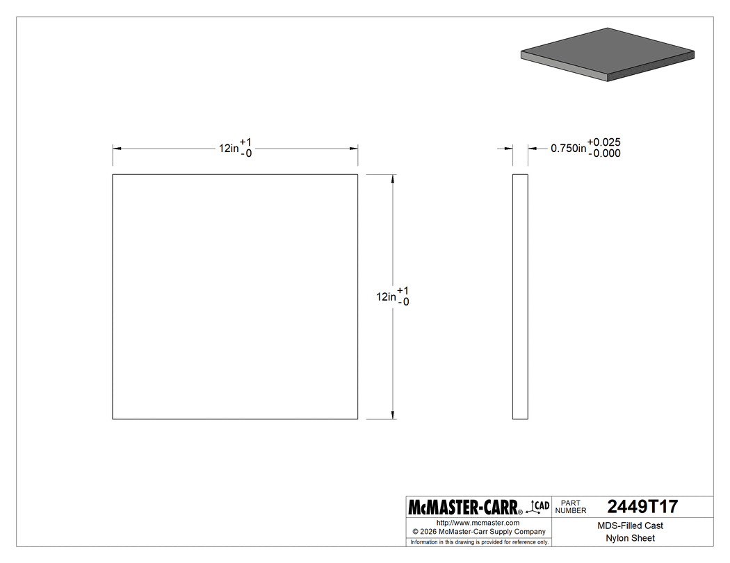Technical Drawing of MDS-Filled Cast Nylon Sheet, Easy-to-Machine, Wear-Resistant, 3/4" Thick, 12" x 12".
